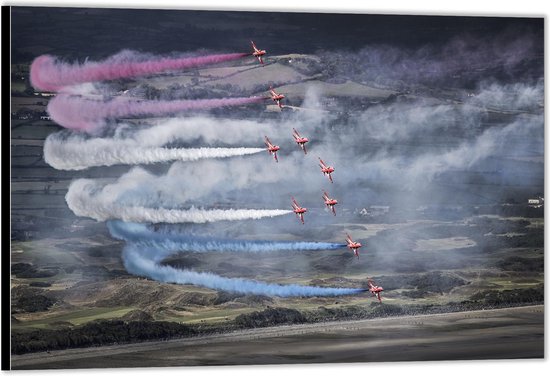 Dibond –Vliegtuigen met Gekleurde Rook– 40x30 Foto op Aluminium (Met Ophang)