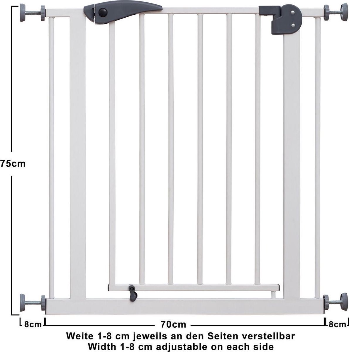 NAIZY NStop Safety Gate Deurhekje voor kinderen, incl. deur voor dier, traphekje met zonder boren en metalen rooster, uitbreidbaar met aparte verlenging, 105-115 cm breed, wit