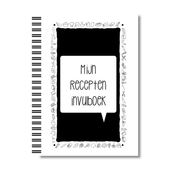 Voorpagina van een receptenboek met de titel "Mijn Recepten Invulboek" in een spraakwolkvorm, omringd door kleine culinaire tekeningen.
