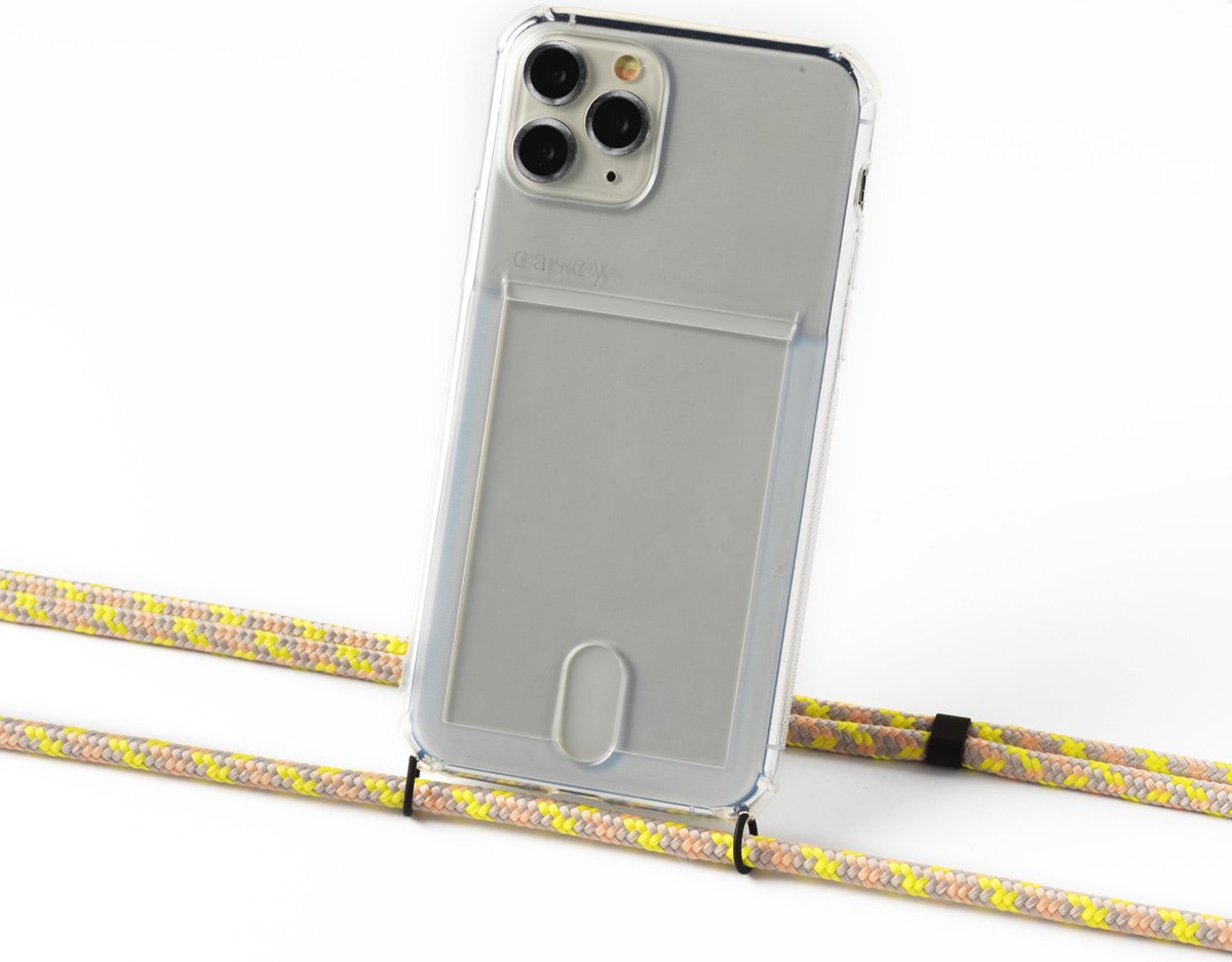 Apple iPhone 7 of 8 en SE '20 silicone hoesje transparant met koord yellow camouflage