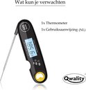 Zwarte digitale thermometer met een metalen sonde, 185.6°F weergegeven op het blauwe LED-scherm.