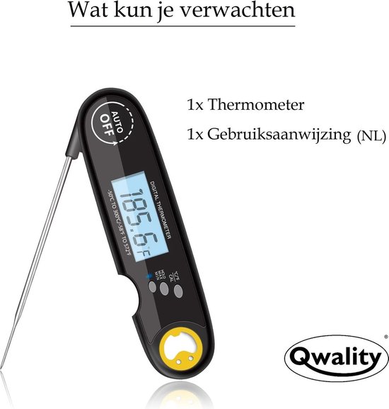 Zwarte digitale thermometer met een metalen sonde, 185.6°F weergegeven op het blauwe LED-scherm.