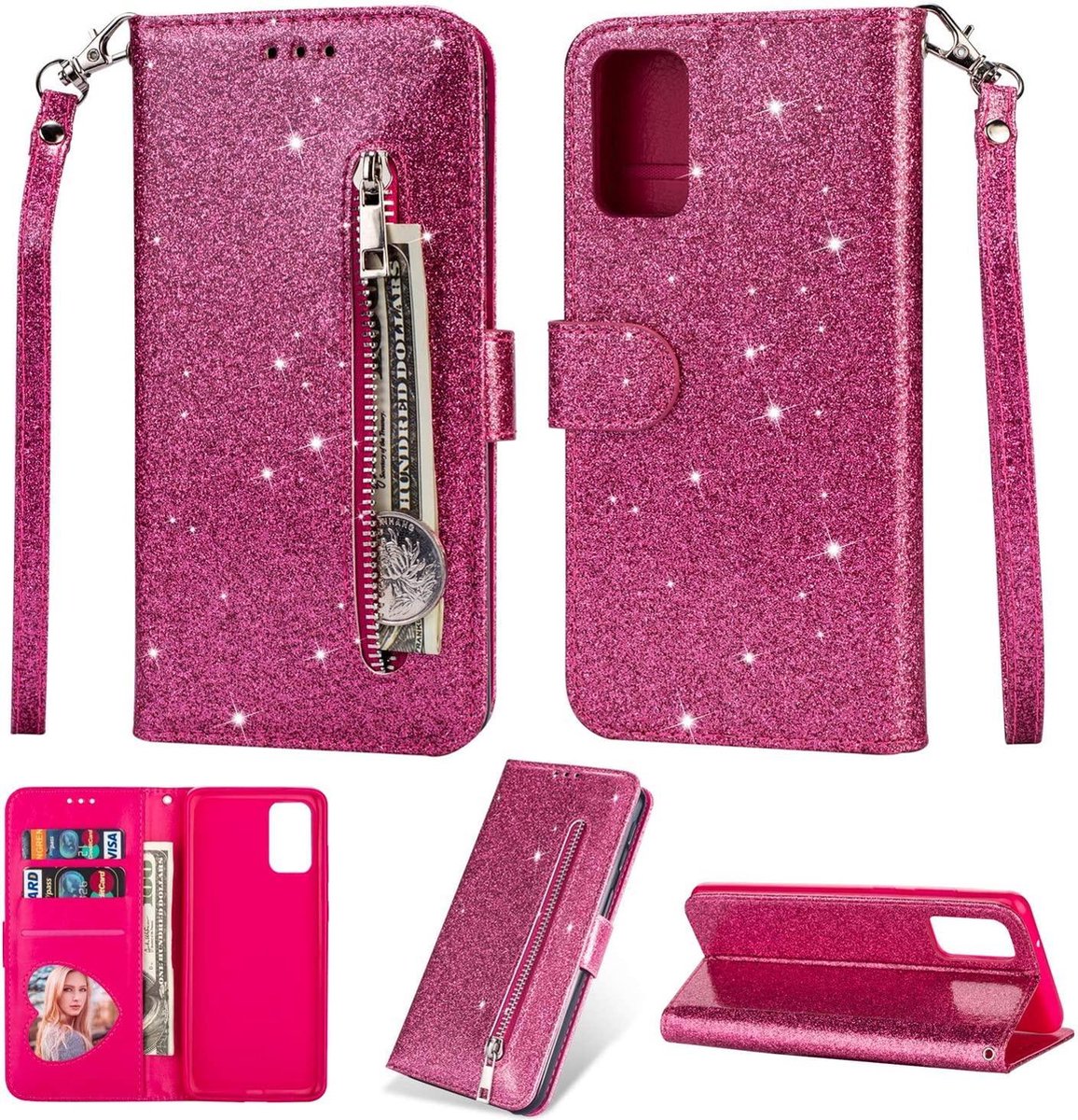 Samsung Galaxy S20 Plus Glitter Bookcase hoesje Portemonnee met rits - Roze