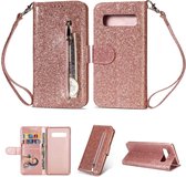 Samsung Galaxy S10E Glitter Bookcase hoesje Portemonnee met rits  - Rose Goud