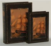 Opbergboek - boekdoos - set van 2 - leer - zeilschip - opberger - antiek