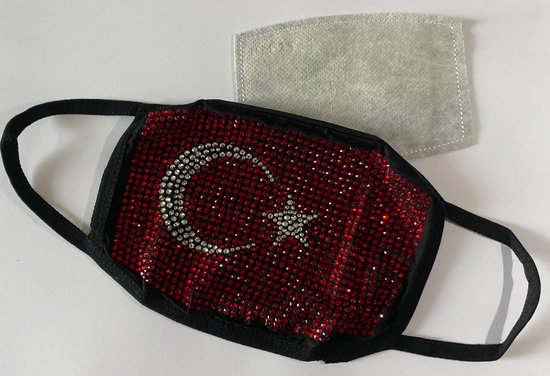 Mondkapje Turkse vlag (in rhinestones) Wasbaar| Mondmasker