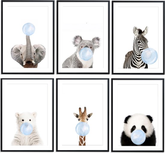 Kinderkamer/babykamer dieren posters - 6 stuks - 20x30 cm - Blauwe kauwgombel