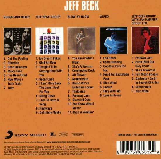 Albumhoes met 5 cd's van Jeff Beck: Rough and Ready, Jeff Beck Group, Blow by Blow, Wired en Jeff Beck Group Live.