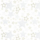 Cadeaupapier - Xmas on Glossy - Kerst Sterren Goud en Zilver op Wit - 30cm x 200m