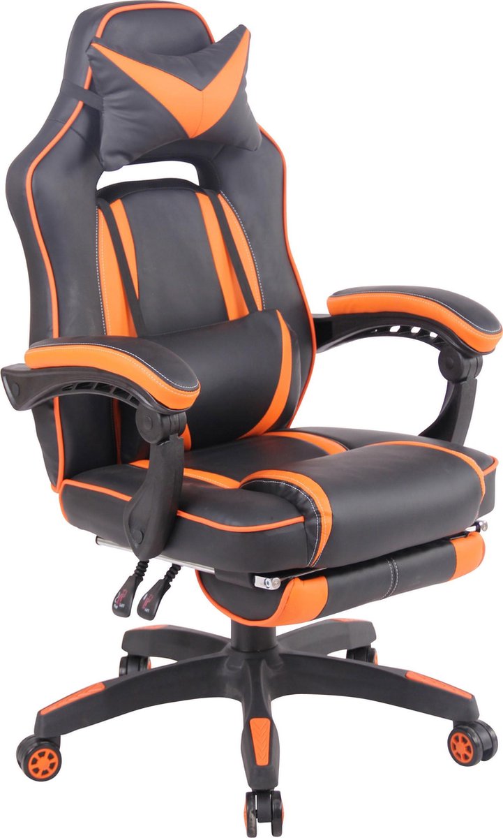 Bureaustoel - Game stoel - Design - Voetensteun - In hoogte verstelbaar - Kunstleer - Oranje/zwart - 61x68x124 cm