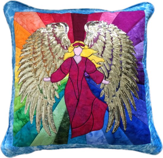 Sier kussen regenboog Engel, goud rose, angel pillow 55 x 55 cm