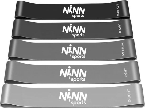 NINN Sports - Premium Weerstandsbanden van hoge kwaliteit Grijs - Set van 5 Resistance Banden - Fitness elastiek - Inclusief eBook - Valentijn cadeautje voor haar - Valentijn