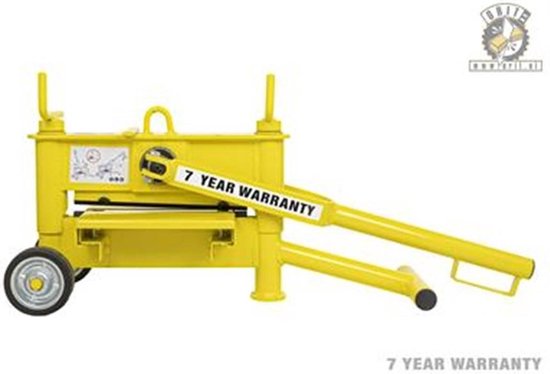 Gele klinkerknipper met wielen, handgrepen en hendel. "7 YEAR WARRANTY" is vermeld op de hendel.