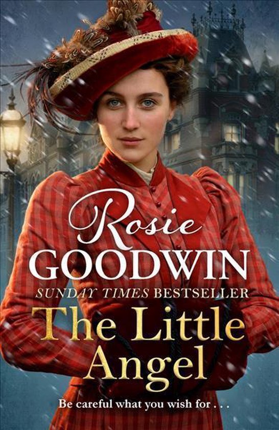 Een jonge vrouw met een rode hoed met veren en een rode geruite jas, poseert voor een gebouw in de sneeuw. Titel: The Little Angel, Rosie GOODWIN.