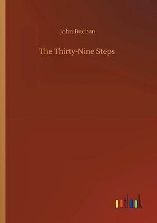 Boek 'The Thirty-Nine Steps' van John Buchan op een bruine omslag met de uitgever 'outlook' in kleur.