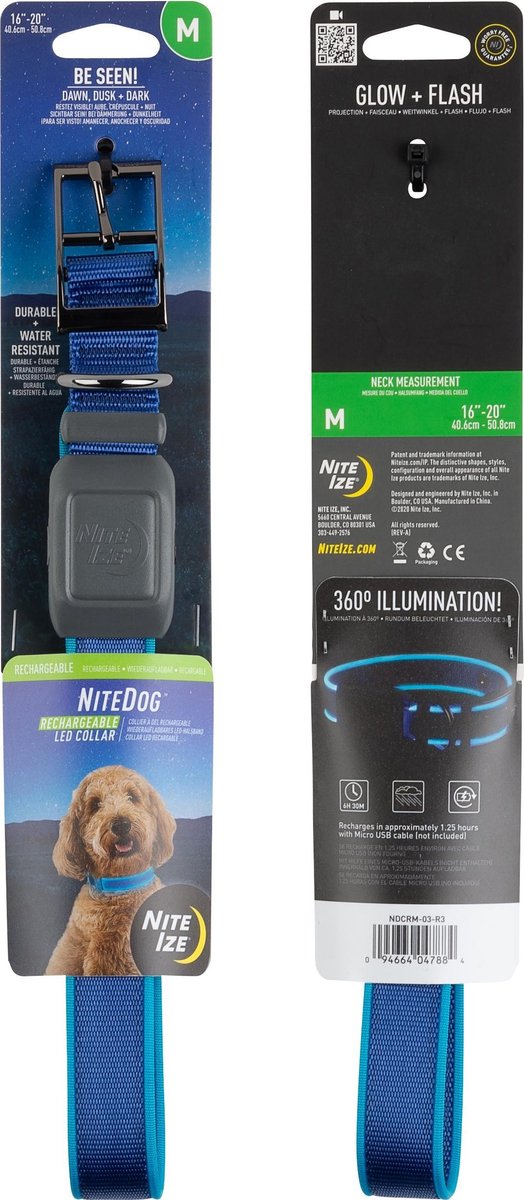 Nite Ize NITEDOG Herlaadbare Led halsband voor een Hond Blauw Medium 16"- 20" | 40.6cm - 50.8cm