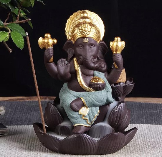 Backflow wierook brander / houder waterval Ganesha beeld lotus 12x9x8cm BRUIN GROEN