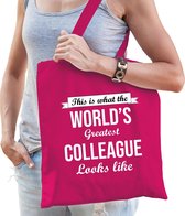 Worlds greatest COLLEAGUE cadeau tasje roze voor dames - verjaardag / kado tas / katoenen shopper voor een collega / co worker