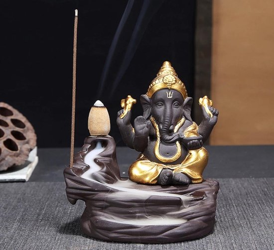 Backflow wierook brander / houder waterval Ganesha beeld 10.5X10.5X7CM BRUIN GOUDEN
