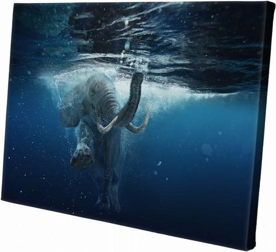 Éléphant dans l'eau | 150 x 100 cm | Décoration murale | Animaux sur toile | Peinture | Tissu en toile | Peinture sur toile
