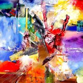 JJ-Art (Canvas) 100x100 | Abstract, omvallend glas rode wijn in olieverf look - woonkamer | sfeer, modern, rood, blauw, geel, lila | Foto-Schilderij print op Canvas (canvas wanddec