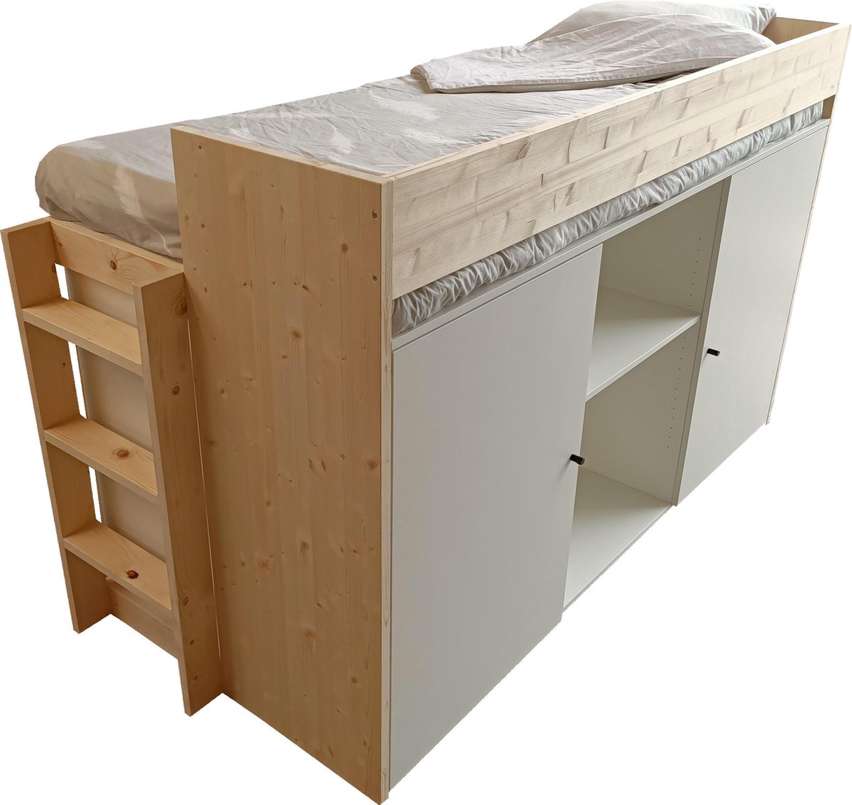 Idemon Hoogslaper 90 x 200, veiligheidsontwerp met hoge omheining met kledingkast, planken en opbergruimte met veiligheidsklimladder, multifunctioneel bed, massief houten bed, houtkleur