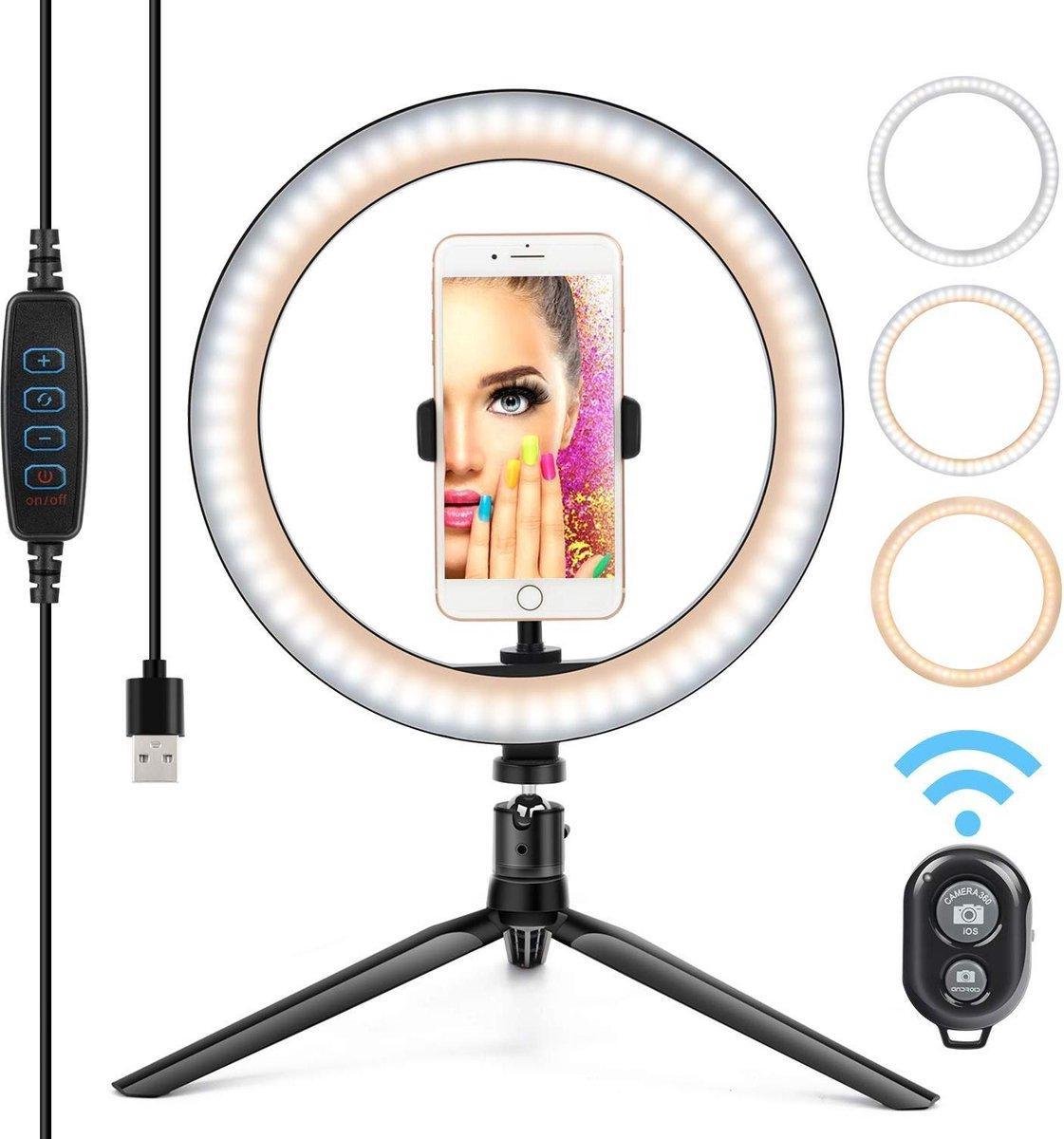 LED Ring lamp USB met telefoonhouder - 3 lichtstanden - 26 cm 10 inch - Vlog - Ring led - Make-up lamp - Ringlight - TikTok - Instagram - Studiolamp - Fotostudio - Ringflitser - Beauty - Ring flitser met tripots en bluetooth afstandsbediening
