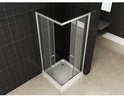 Cabine de douche d'angle avec portes vitrées, profilés argentés et receveur de douche blanc, dans une salle de bain avec carrelage mural noir.
