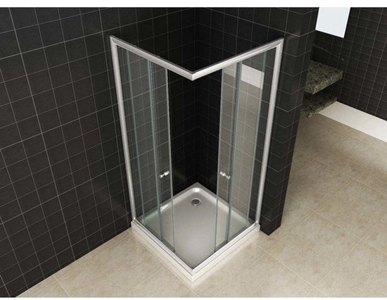 Cabine de douche d'angle avec portes vitrées, profilés argentés et receveur de douche blanc, dans une salle de bain avec carrelage mural noir.