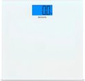 Balance personnelle numérique blanche avec écran bleu affichant '0.0 kg'.