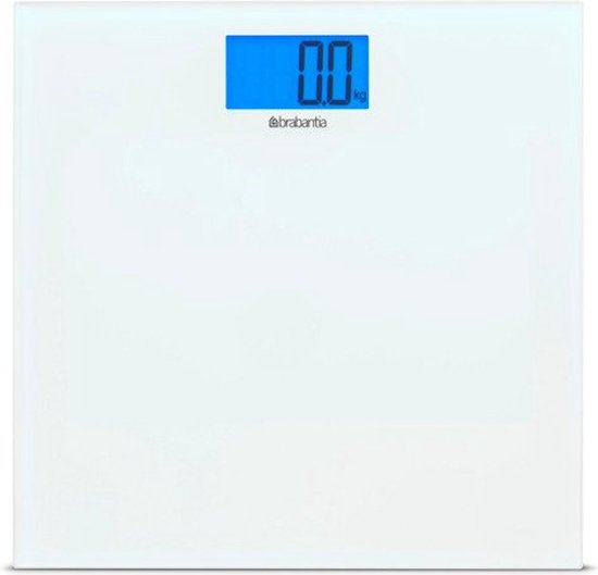 Balance personnelle numérique blanche avec écran bleu affichant '0.0 kg'.