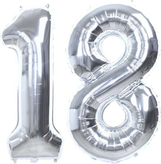 Folie Ballon Cijfer 18 Jaar Zilver 36Cm Verjaardag Folieballon Met Rietje