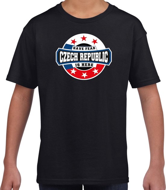 Have fear Czech republic is here t-shirt met sterren embleem in de kleuren van de Tsjechische vlag - zwart - kids - Tsjechie supporter / Tsjechisch elftal fan shirt / EK / WK / kleding 158/164