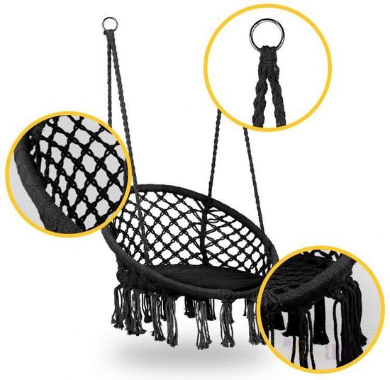 gids eeuw Algebra Hangstoel knoet- hangstoelen van geknoopt touw ,-zwart - Inclusief  bevestigingsset... | bol.com