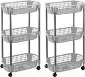 2x Grijze opberg trolleys/roltafels met 3 manden 71 cm - Etagewagentje/karretje met opbergkratten