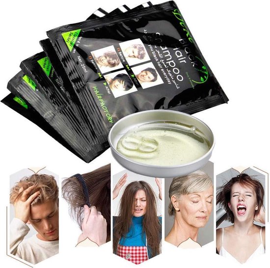 Pakje Dexe Black Hair Shampoo met een bakje vloeistof. Kleine afbeeldingen tonen mannen en vrouwen met grijs naar zwart haar.