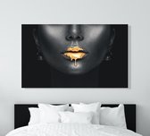 Canvas Schilderij - Zwart / Gouden Lippen - 90 x 60 cm - PosterGuru