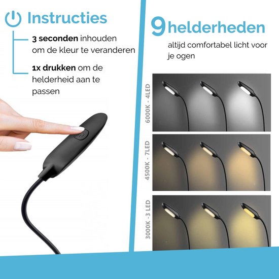 Led Leeslampje met klem - USB Oplaadbaar - Boek lampje - Dimbaar - Leeslamp - Leeslampje voor boek - Met accu voor 30 uur - Geschikt voor Boek / Laptop / Slaapkamer / Nachtkastje / E-Reader - Zwart
