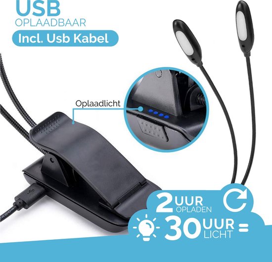Led Leeslampje met klem - USB Oplaadbaar - Boek lampje - Dimbaar - Leeslamp - Leeslampje voor boek - Met accu voor 30 uur - Geschikt voor Boek / Laptop / Slaapkamer / Nachtkastje / E-Reader - Zwart