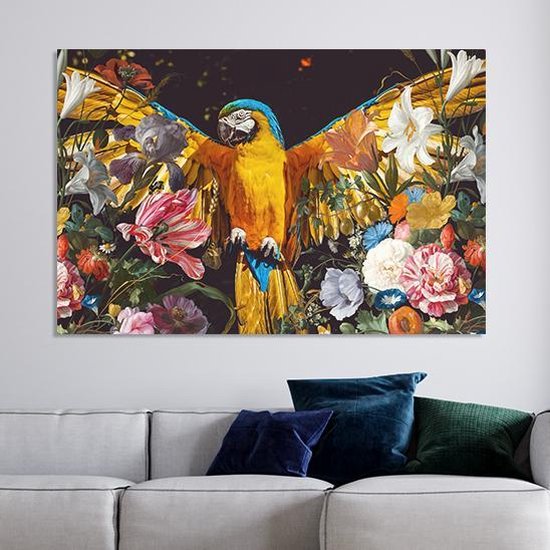 Canvas Schilderij Ara Papagaai Bloemen Vogel | 90 x 60 cm | PosterGuru