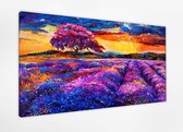 Braveprint - Schilderij - Lavendel Veld Schilderij. % Uitgerekt Het Hoge Kwaliteit. Muurhanger Geïnstalleerd. Wanddecoratie. - Blauw, Geel, Rood, Oranje En Paars - 70 X 100 Cm