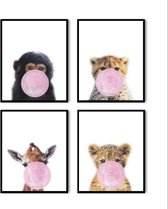 Postercity - Design Canvas Poster Jungle Set Baby Aapje, Giraffe, Cheeta en Tijger Roze Kauwgom / Kinderkamer / Dieren Poster / Babykamer - Kinderposter / Babyshower Cadeau / Muurd