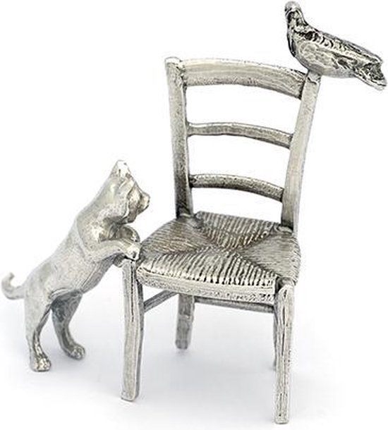 Poes met stoel en vogel Zilvertin - Katten Asbeeld Dieren Herdenkingsbeeld Voor Uw Geliefde Dier