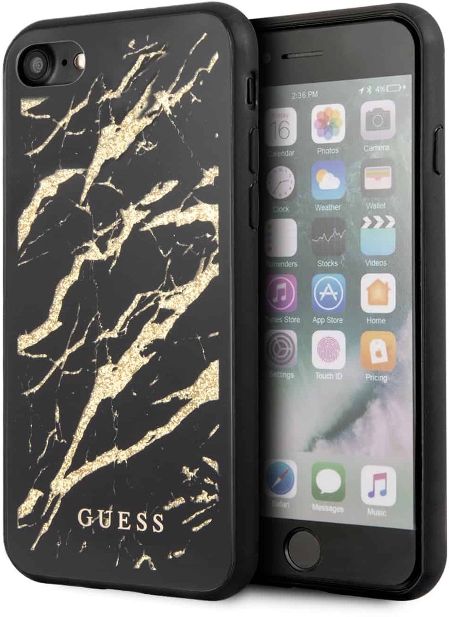 GUESS Marble Glass Backcase Hoesje iPhone SE (2020) / 8 / 7 - Zwart