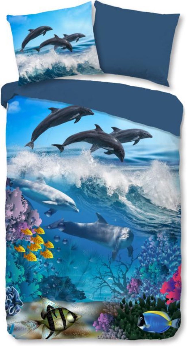 Leuke Kinder Katoen Eenpersoons Dekbedovertrek Dolfijnen | 140x200/220 | Fijn Geweven | Zacht En Huidvriendelijk