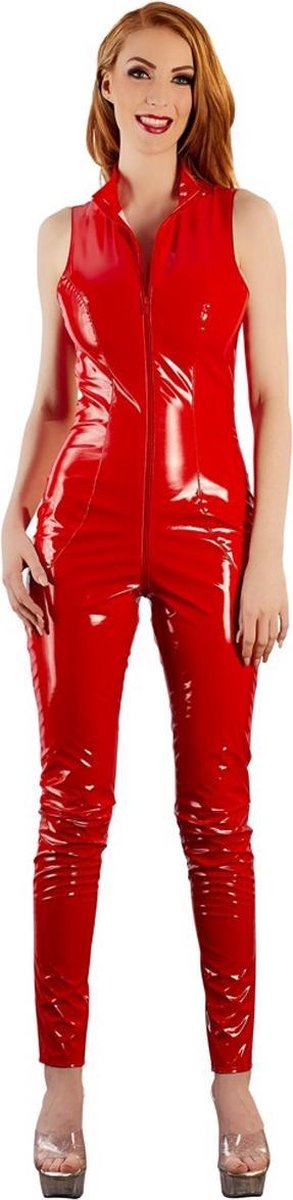 Black Level – Mouwloze Wetlook Lak Jumpsuit met Dubbelzijdige Rits Sluiting Passie en Stijlvol – Maat M – Rood