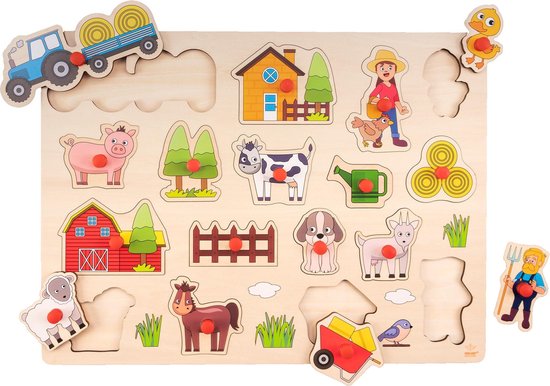 Houten knopjespuzzel met boerderijthema: tractor, boerderij, boer, kip, eend, varkens, koe, geit, schaap, paard en hond.