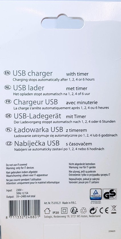 Usb charger met Timer - laden stopt automatisch 1 -2 4 -6 uur - dubbele  laadpoort | bol.com