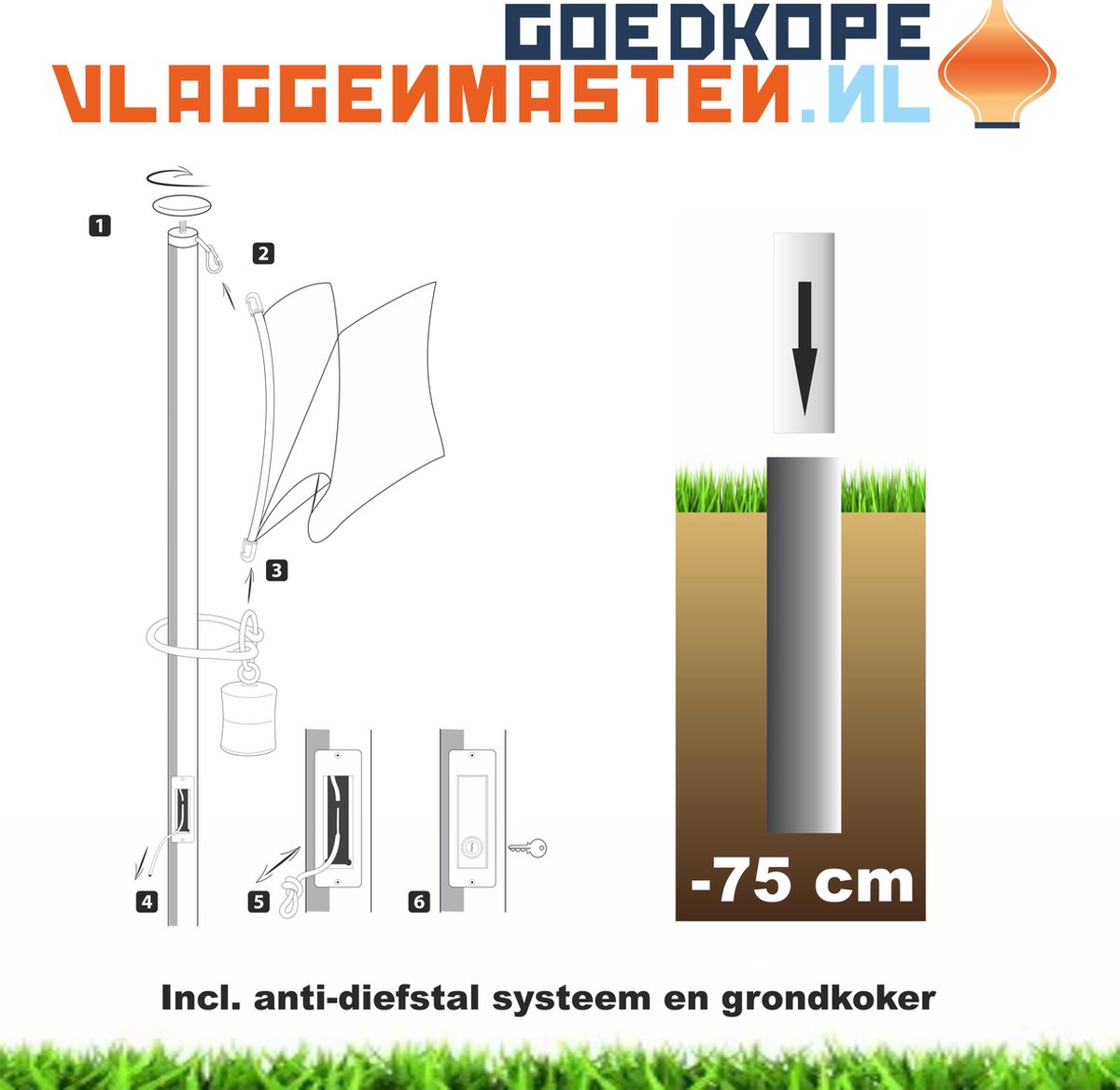 Vlaggenmast wit, 8 meter, diameter 85 mm. Aluminium clilindrisch, wit gecoat incl. anti-diefstal systeem met cilinderslot, oranje knop en contra-gewicht en gorndkoker. Type BASIC SAFE 8508W2A - goedkope-vlaggenmasten.nl