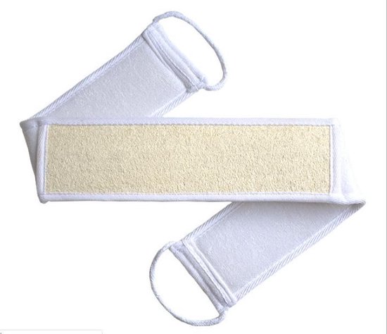 Witte badriem met een ruw, beige loofah-oppervlak in het midden en lussen aan beide uiteinden.